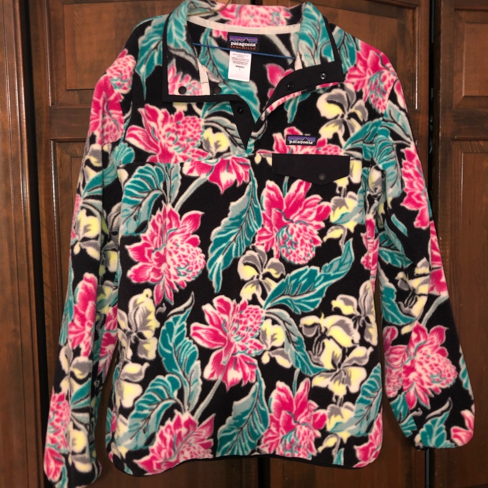 Patagonia Floral Fleece Pullover in Black, Pink, Teal & Yellow